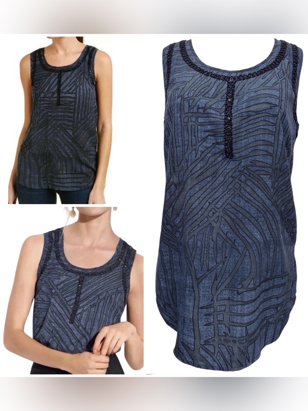 Cabi #3334 Limited Edition Blue Palm Beaded Tank Top Size Small